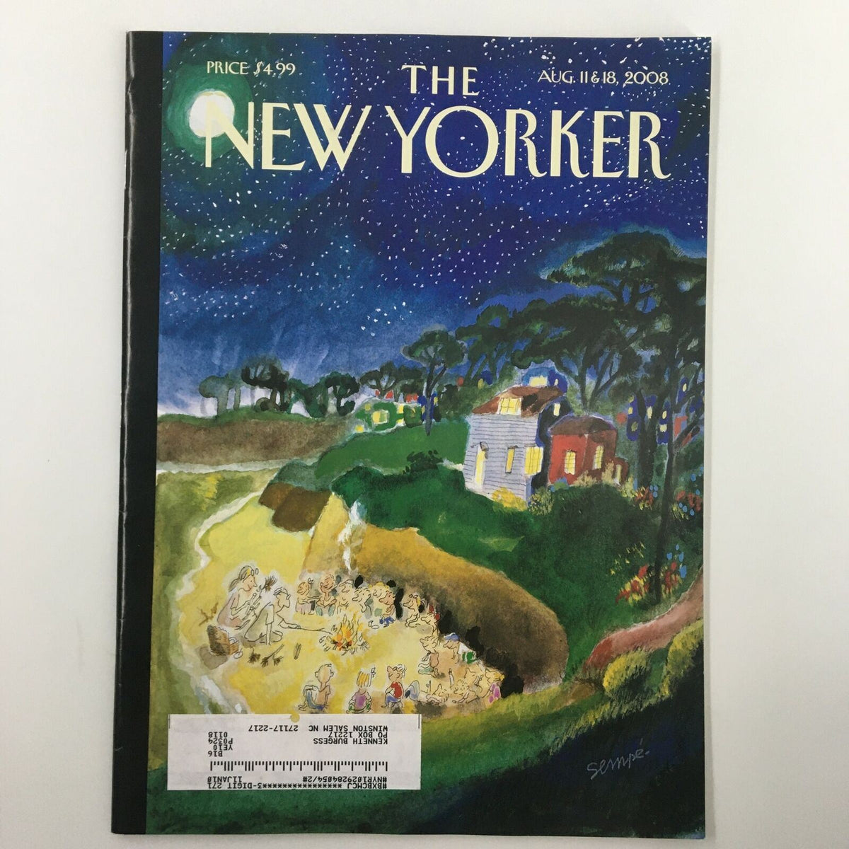 Cover of The New Yorker Full Magazine August 11, 2008 featuring artwork by Jean J. Sempé, depicting a starry night scene with cottages and figures on a beach.