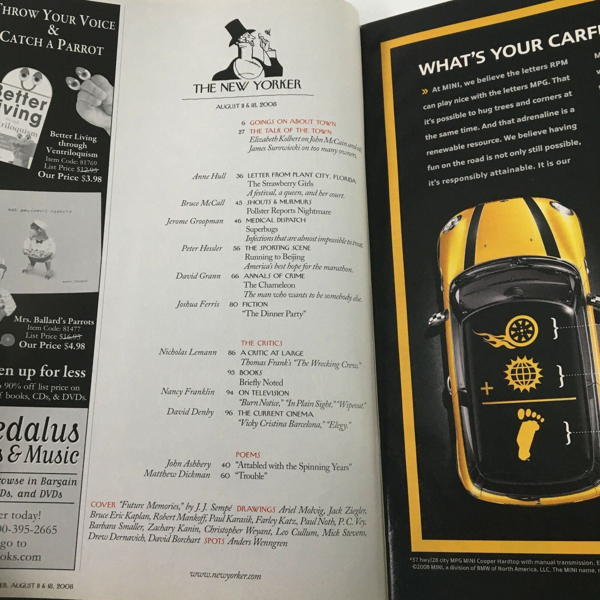 Inside page of The New Yorker Full Magazine August 11, 2008 displaying the table of contents and articles, including 'Future Memories' as the cover story.