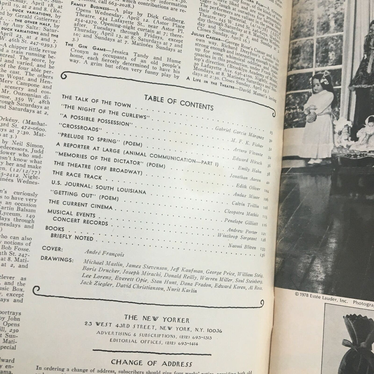Table of Contents for The New Yorker Magazine April 17 1978, showcasing articles and poetry, including contributions from André François and other notable writers, reflecting the era's journalism.