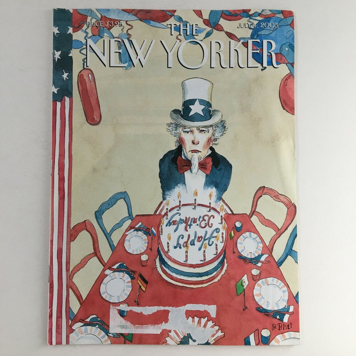 The New Yorker Full Magazine July 4, 2005 featuring the cover illustration 'Party of One' by Barry Blitt, depicting Uncle Sam at a festive table with a birthday cake.