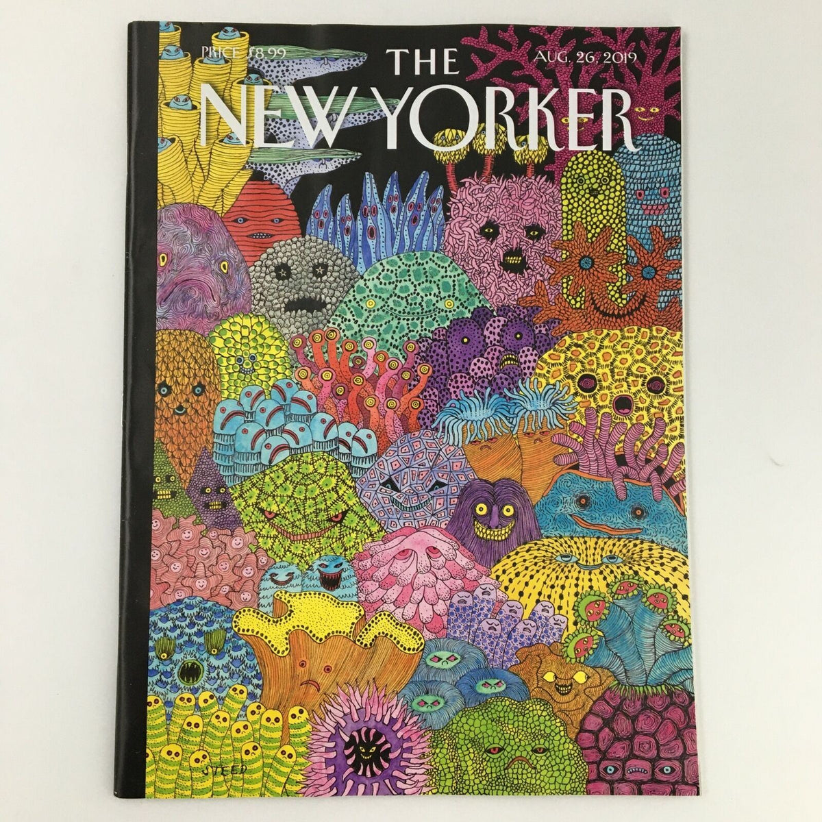 Cover of The New Yorker magazine, dated August 26, 2019, featuring a colorful illustration by Edward Steed, depicting a variety of whimsical and intricate sea creatures, showcasing the magazine's unique blend of humor and insightful cultural commentary.