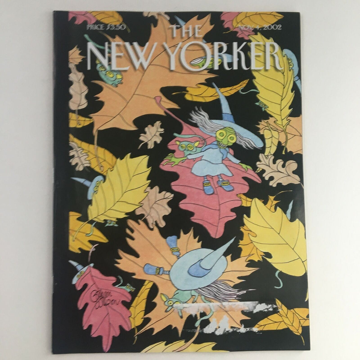 The New Yorker Full Magazine November 4, 2002 cover featuring 'The Flying Leaves' artwork by Gahan Wilson, showcasing whimsical characters amidst colorful autumn leaves.