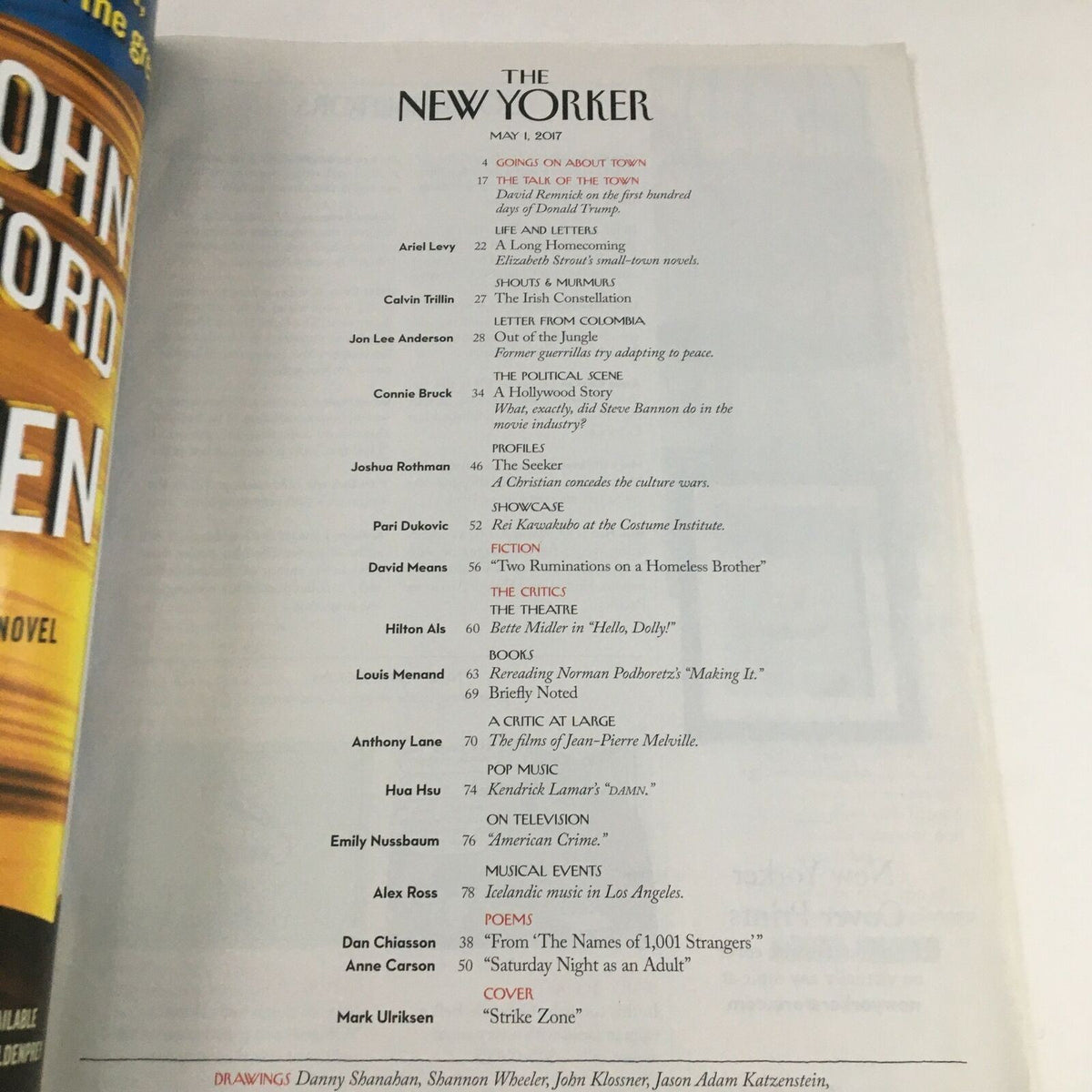 The New Yorker May 1 2017 interior page showcasing the table of contents, highlighting articles and illustrations, emphasizing the magazine's blend of literary and artistic excellence.