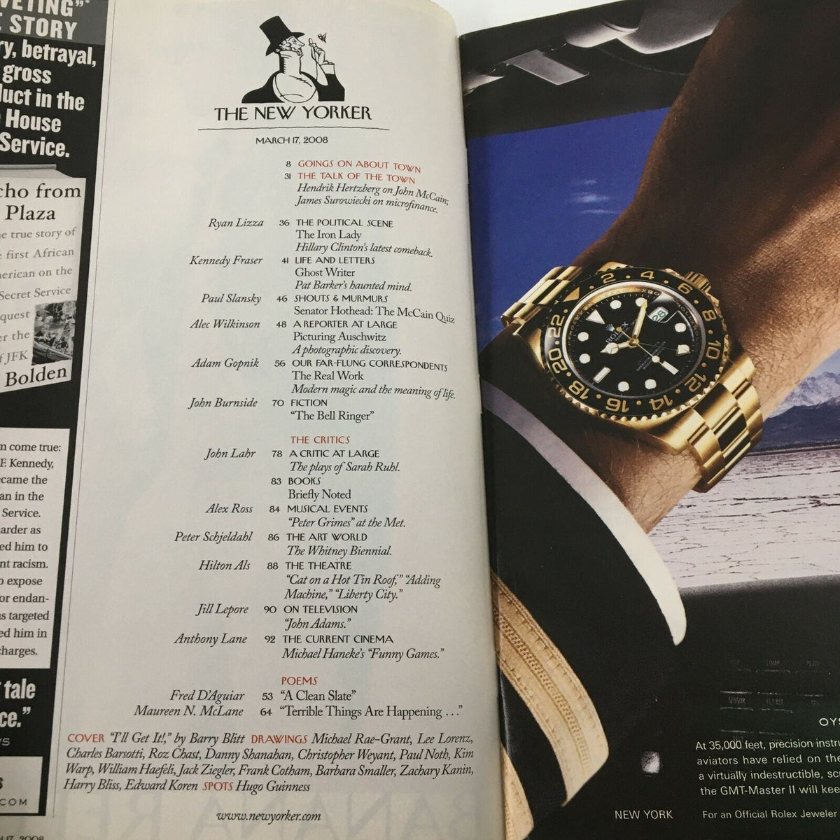 Interior page of The New Yorker magazine, March 17, 2008, showcasing the magazine's contents and advertisements, including a prominent watch advertisement.