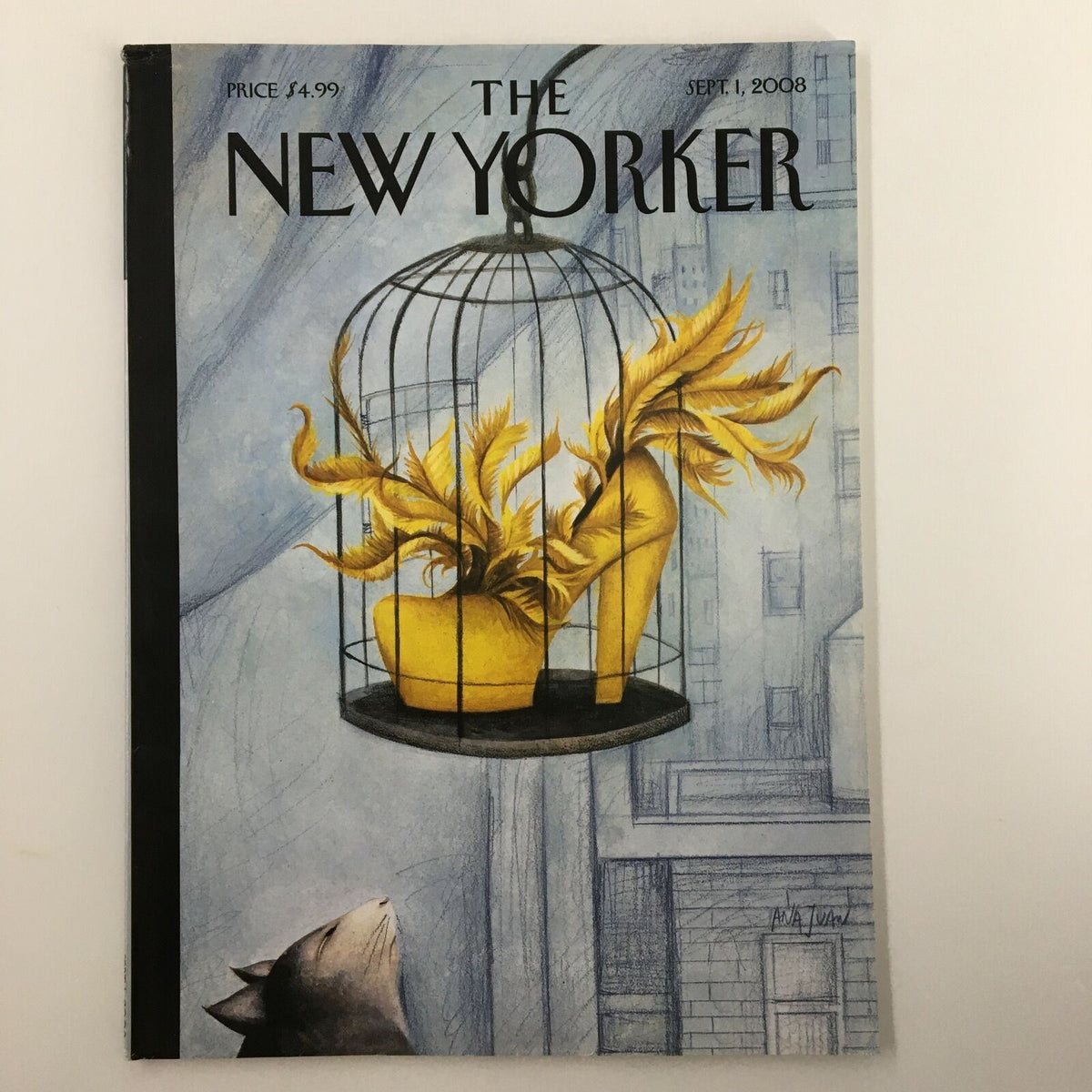 Cover of The New Yorker September 1 2008 featuring 'Object of Desire' by Ana Juan, showcasing a shoe within a birdcage design, emphasizing artistic illustration and collectible magazine value.