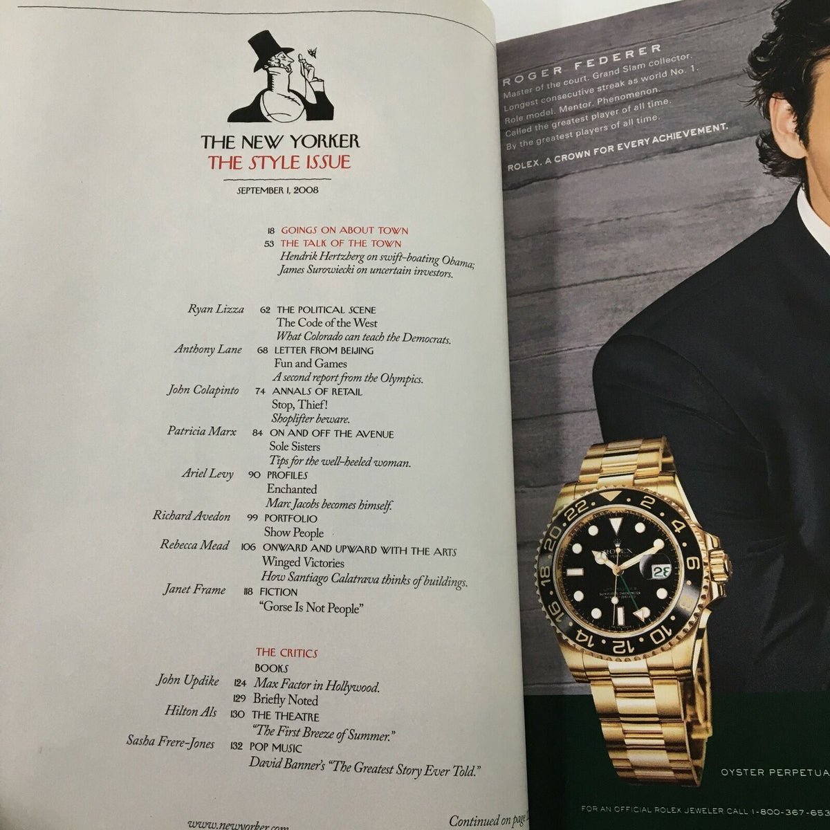 Interior page of The New Yorker magazine September 1 2008 featuring the table of contents, discussing various articles and contributors including Roger Federer, Ryan Lizza, and Patricia Marx.