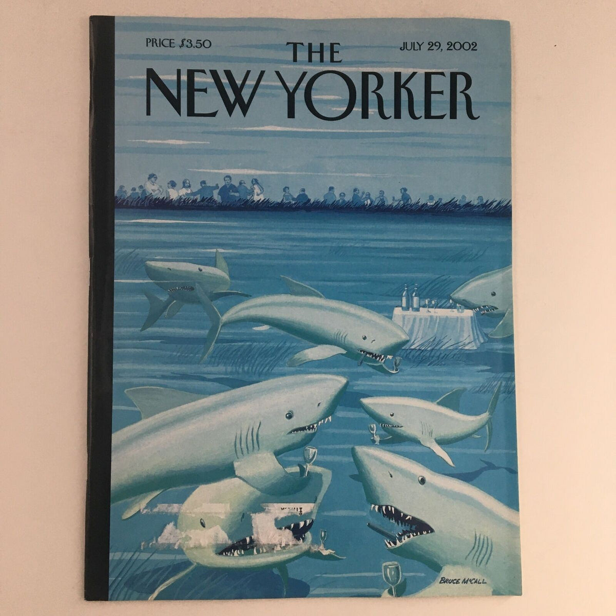 The New Yorker Full Magazine July 29 2002 cover art titled 'Drinks Before Dinner' by Bruce McCall featuring playful sharks.