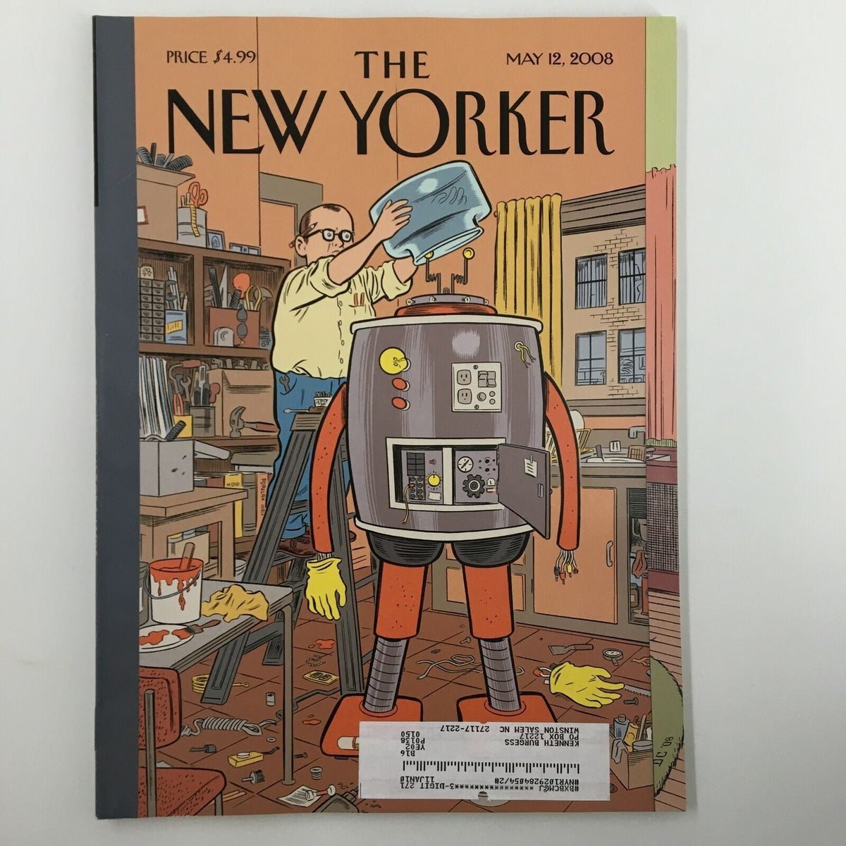 The New Yorker Full Magazine May 12 2008 featuring the cover art 'Man's Best Friend' by Dan Clowes, depicting a whimsical scene with a robot and a character in a cluttered workshop.