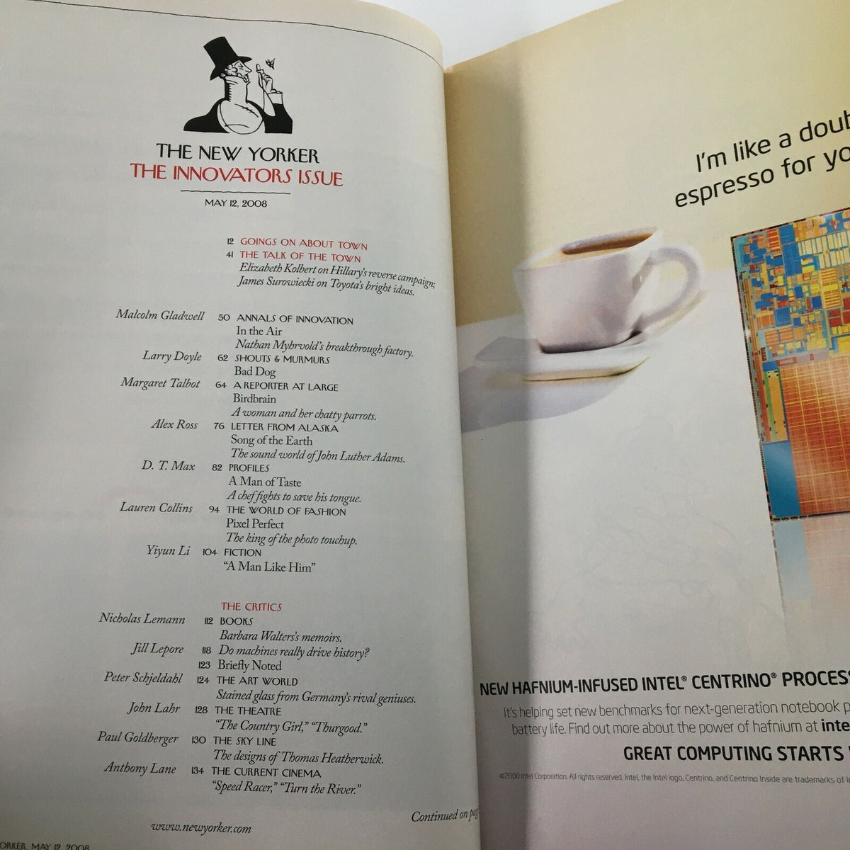Interior page of The New Yorker magazine from May 12, 2008, showcasing an espresso cup and the credits for the Innovators Issue, featuring engaging articles and insights.