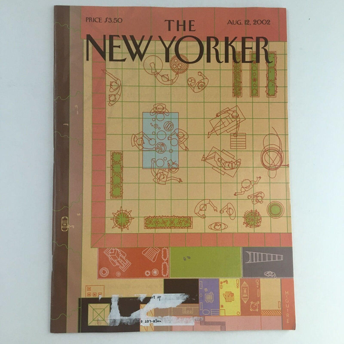 Cover of The New Yorker Full Magazine August 12, 2002, featuring 'Bird's Eye View' BBQ artwork by Richard McGuire, showcasing a vibrant outdoor scene with tables and summer activities.