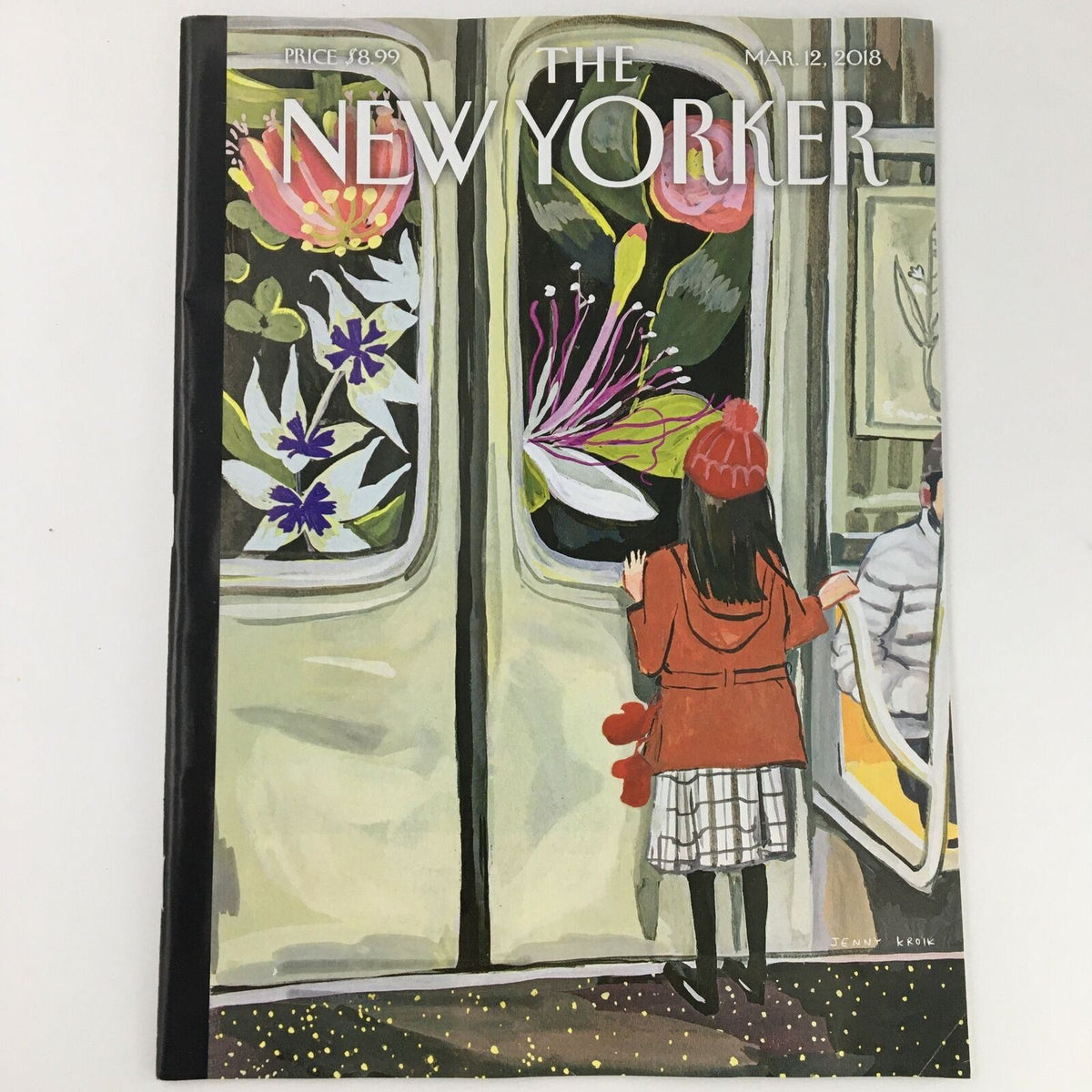 Cover of The New Yorker March 12 2018 by Jenny Kroik, featuring a young girl with a red pom-pom hat standing before a subway door adorned with vibrant floral patterns.