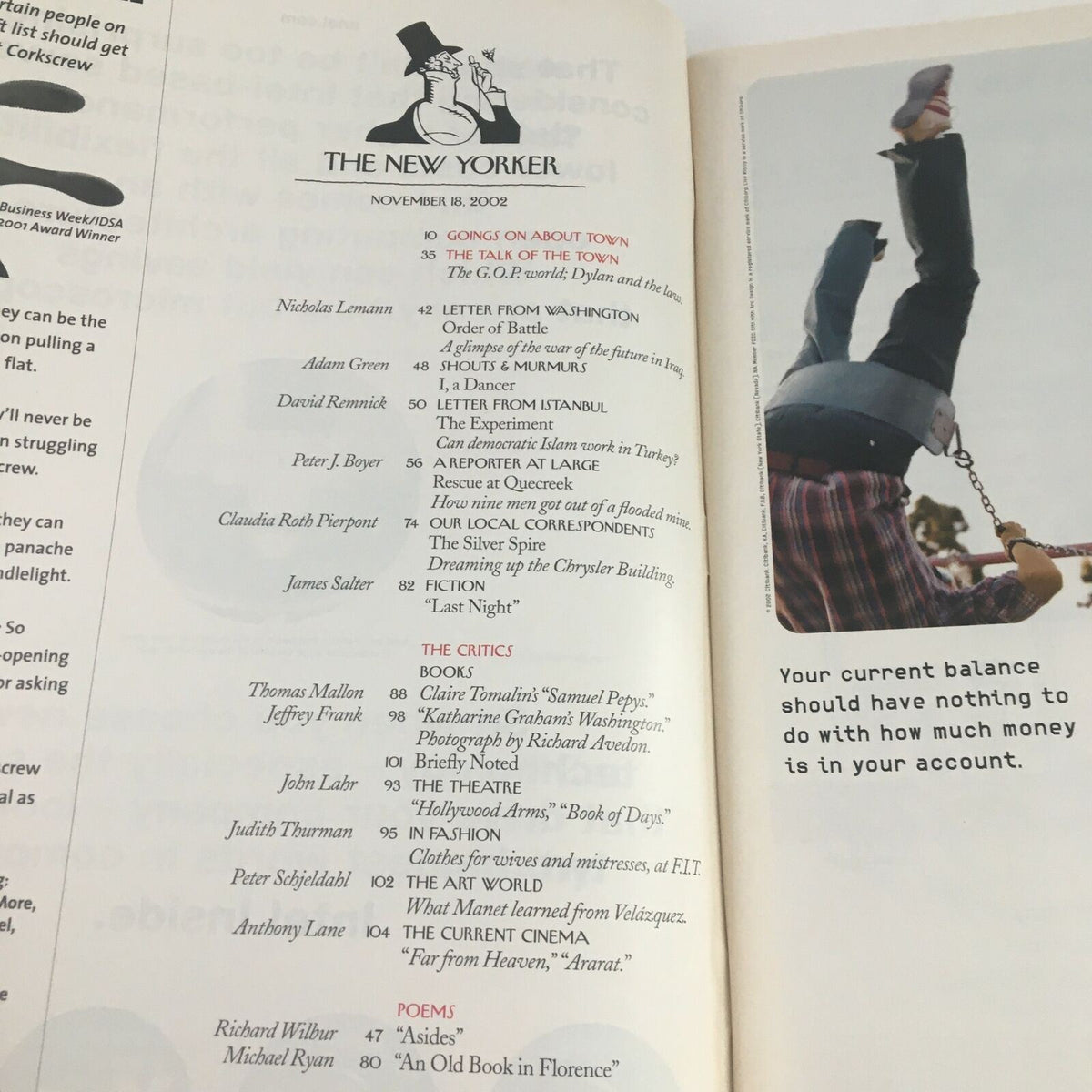 Inside spread of The New Yorker Full Magazine November 18 2002, displaying articles, including 'Notes on the Town' and 'The Critics,' highlighting contemporary literary discussions.