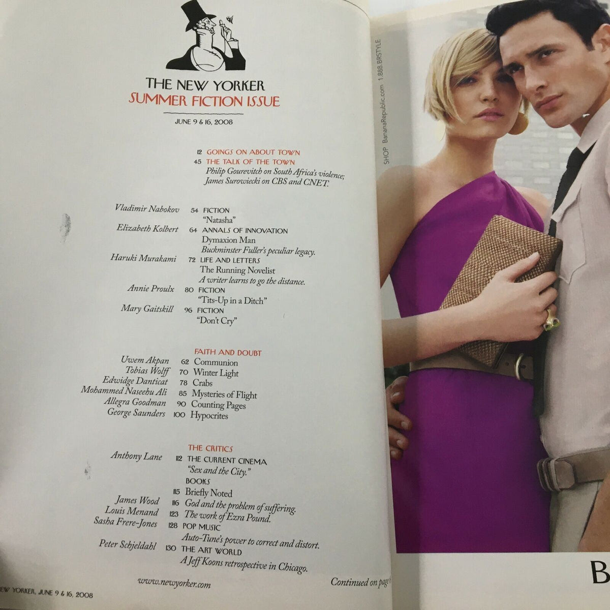 The interior page of The New Yorker Full Magazine June 9 2008 Book Lovers showcasing the Summer Fiction issue table of contents and design elements.