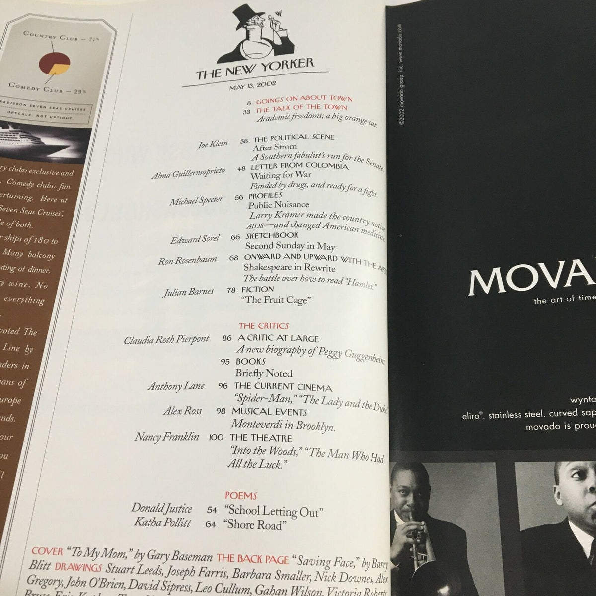 Inside page of The New Yorker Full Magazine May 13 2002 showcasing various articles and advertisements, including the table of contents and sections of the magazine.
