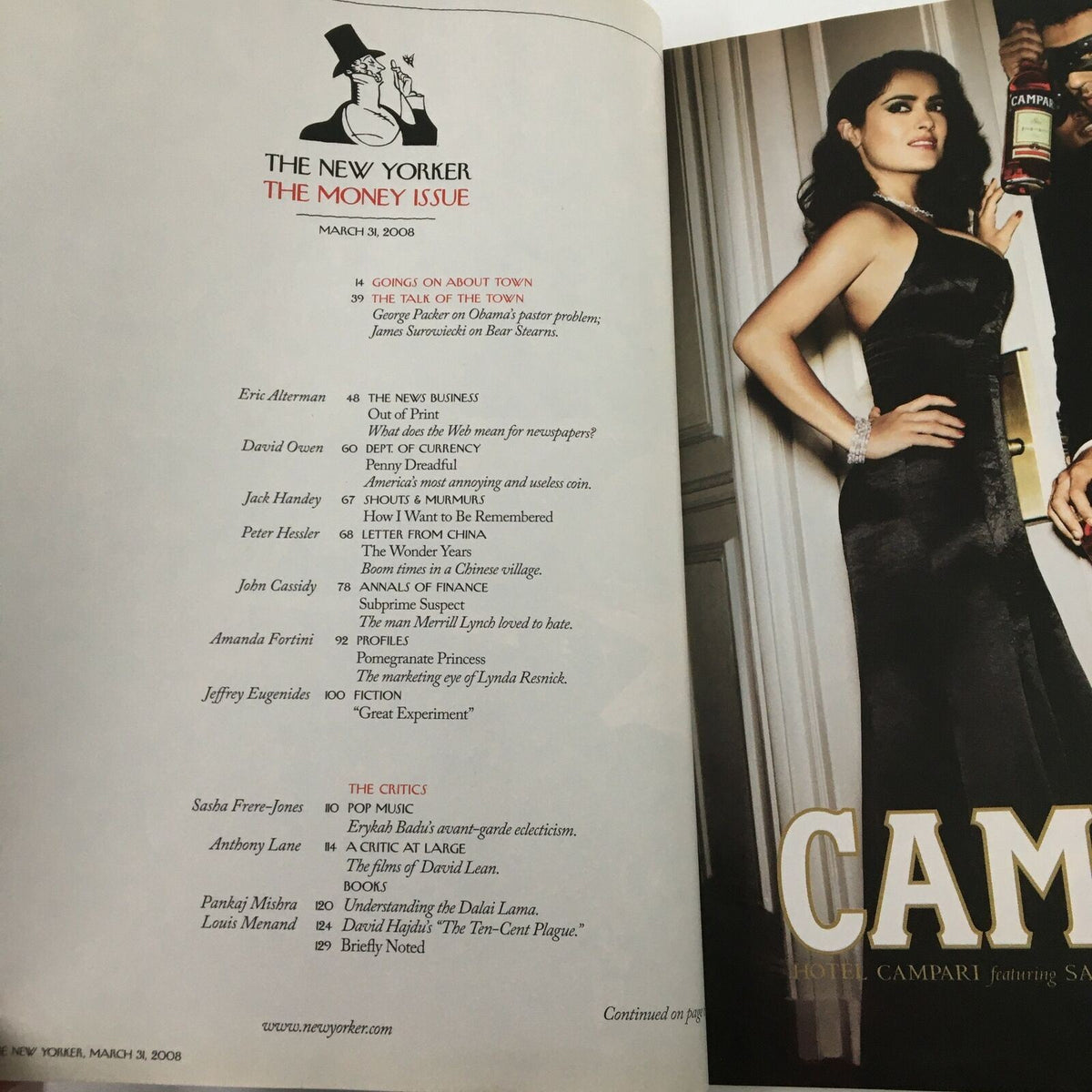 Interior page of The New Yorker magazine from March 31, 2008, showcasing the Table of Contents for the Money Issue featuring notable contributors like Eric Alterman and Amanda Fortini.