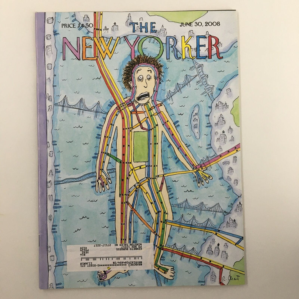 The New Yorker Full Magazine June 30 2008 featuring the unique and humorous cover art titled "Subway Man" by Roz Chast, depicting a man surrounded by subway lines and city elements.