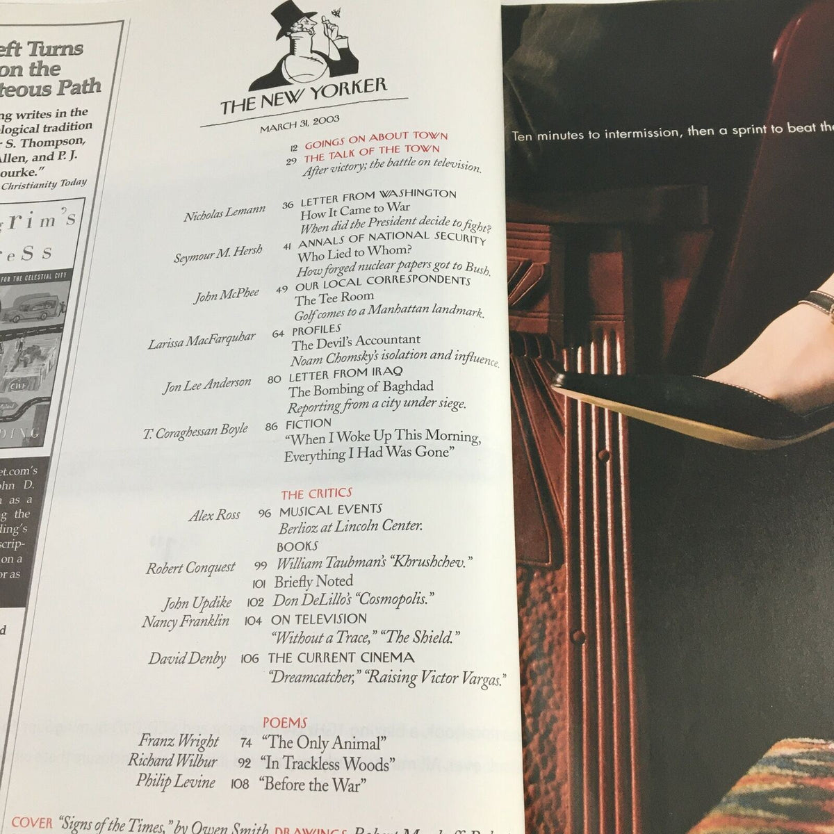 Interior page of The New Yorker magazine from March 31, 2003, showcasing content including articles and advertisements, demonstrating the magazine's diverse section layout and insightful journalism.
