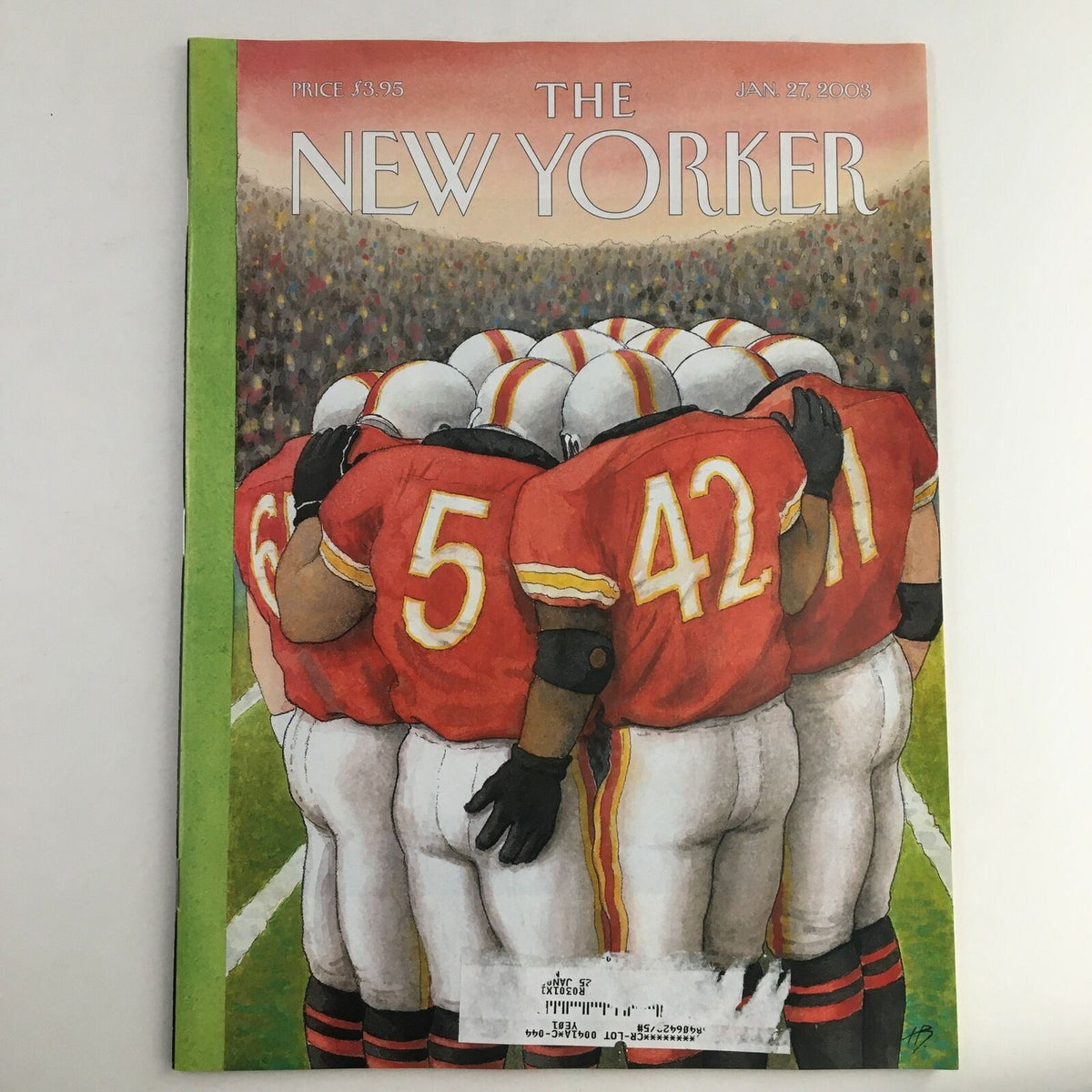 The New Yorker Full Magazine January 27 2003 cover featuring a cartoon of football players in a huddle, illustrating the theme of teamwork and sports.