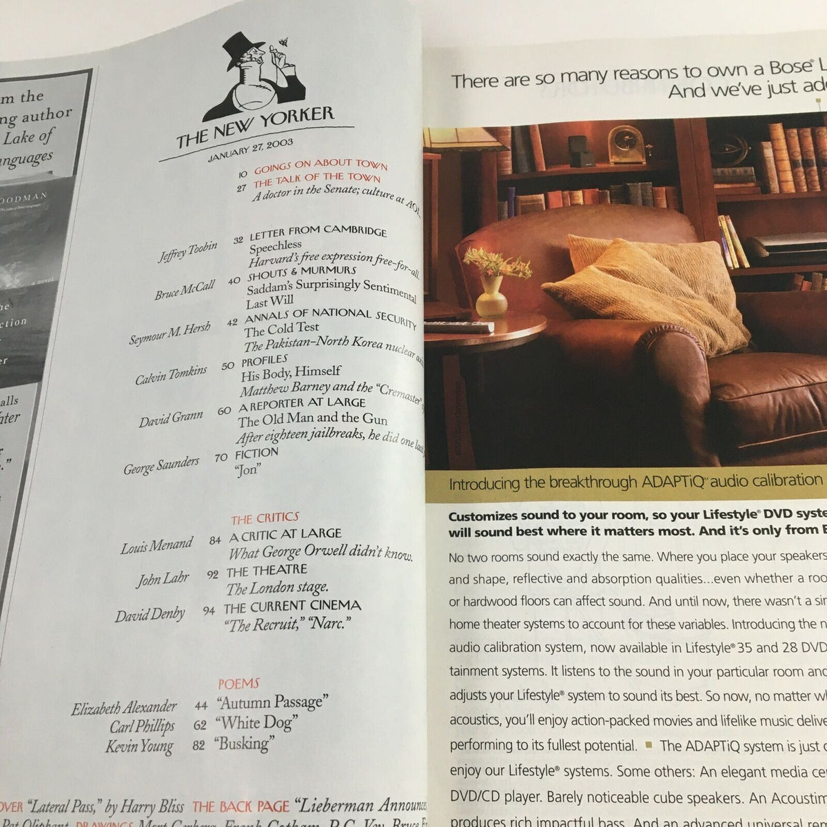 The New Yorker Full Magazine January 27 2003 interior page showcasing articles and letters, highlighting the literary and cultural commentary of this classic issue.