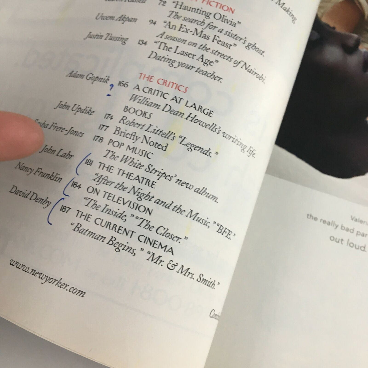 Detailed content page from The New Yorker Full Magazine June 13, 2005, showing the Critic at Large and book review sections, including references to William Dean Howells and 'Batman Begins.'