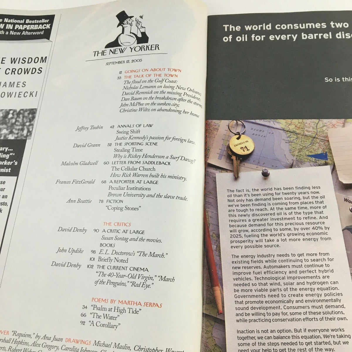 Interior page of The New Yorker, September 12, 2005, showcasing table of contents and illustrations, highlighting articles and cultural insights from this vintage magazine issue.
