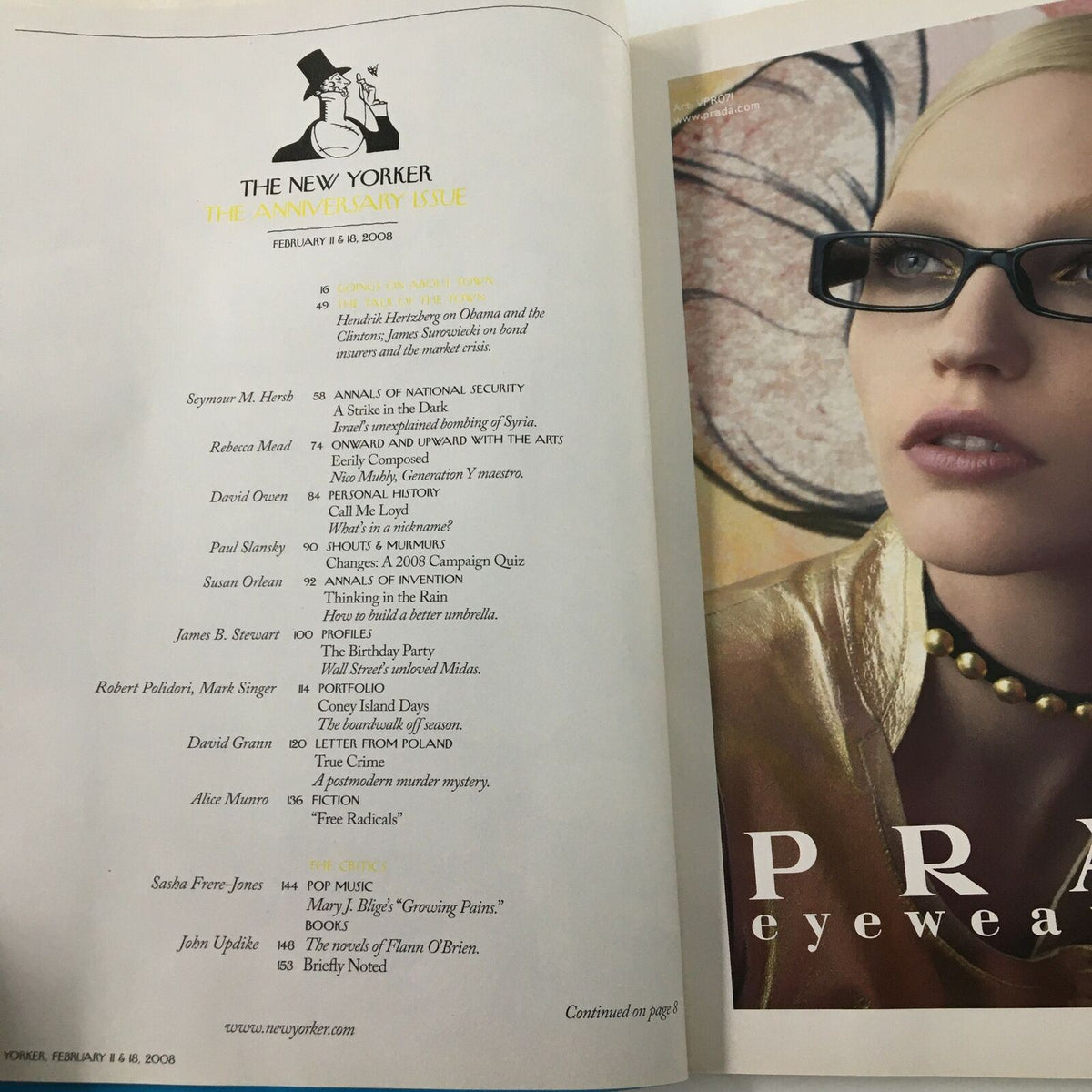 Inside page of The New Yorker Full Magazine February 11 2008 displaying the table of contents with contributions from various authors and the theme of the anniversary issue.