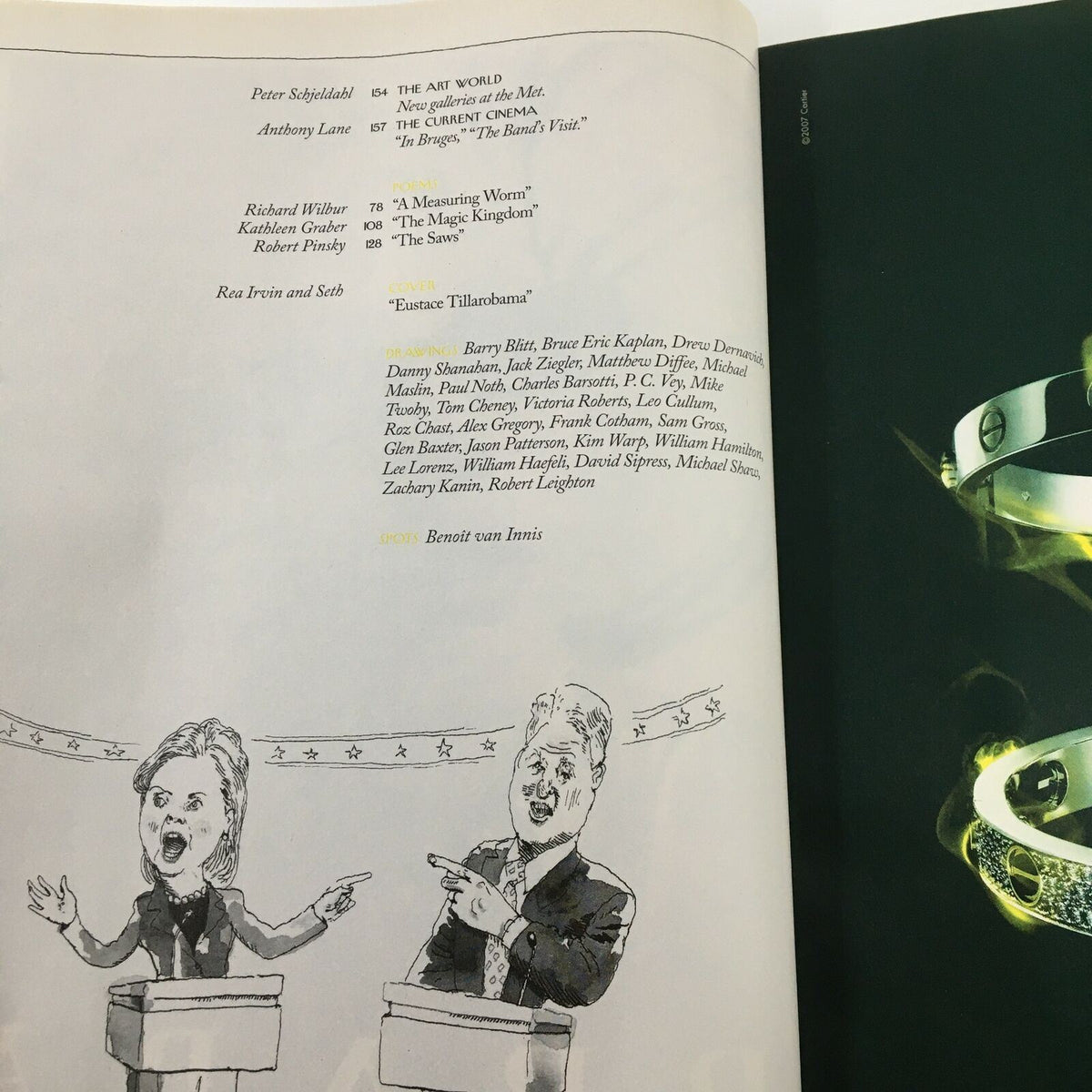 Inside page of The New Yorker Full Magazine February 11 2008 featuring a cartoon illustration related to the political themes of the issue, highlighting Eustace Tillarobama's artwork.