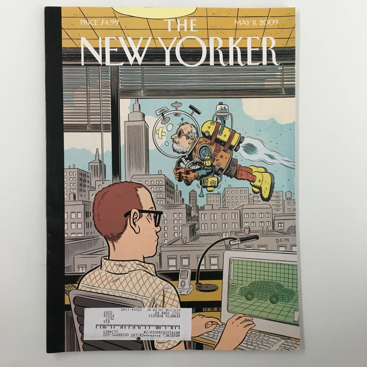 Cover of The New Yorker Full Magazine May 11 2009, featuring artwork by Dan Clowes, depicting a whimsical scene with a man at a desk and a character flying outside a window.