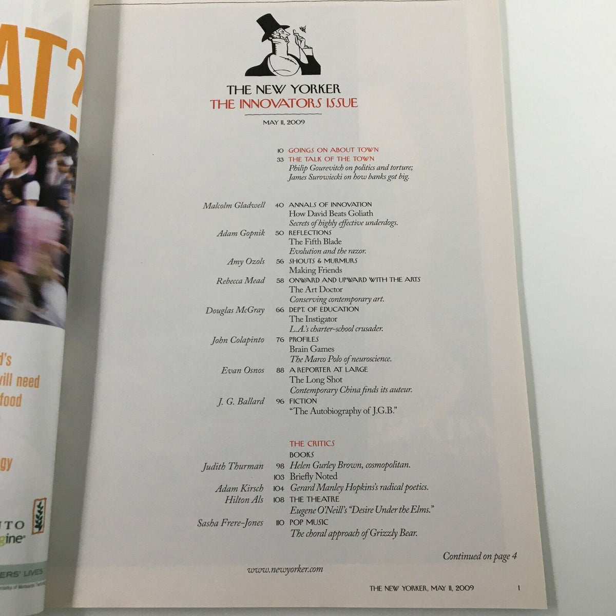 Inside page of The New Yorker Full Magazine May 11 2009, showcasing the table of contents for the Innovators Issue.