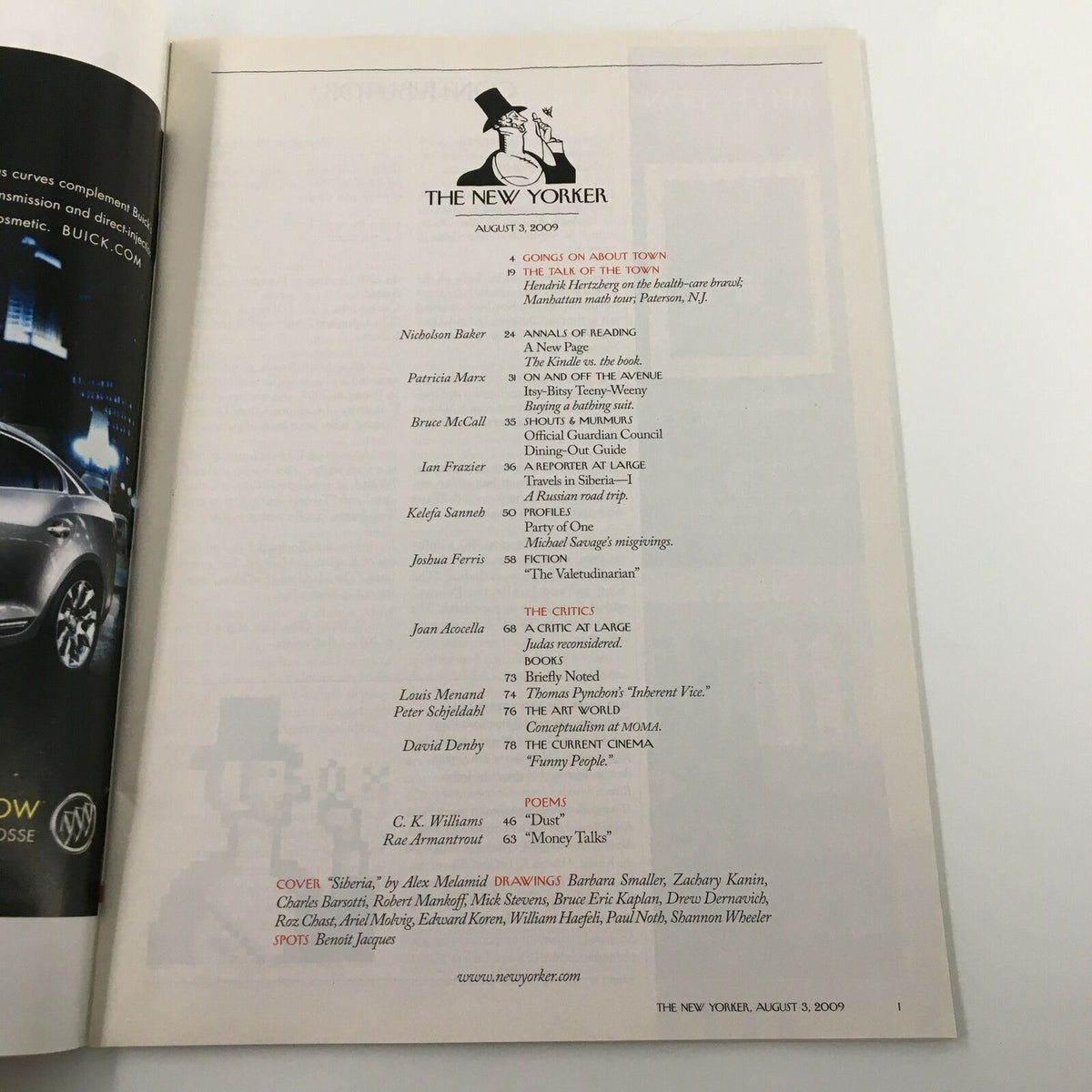 Inside page of The New Yorker Full Magazine August 3 2009, featuring the table of contents and a list of contributing writers.