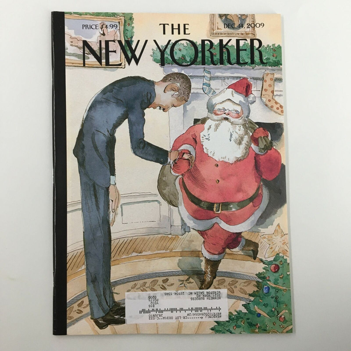The New Yorker Full Magazine December 14 2009 cover featuring Barack Obama and Santa Claus, illustrated by Barry Blitt. The unique artwork highlights a satirical representation of American politics.