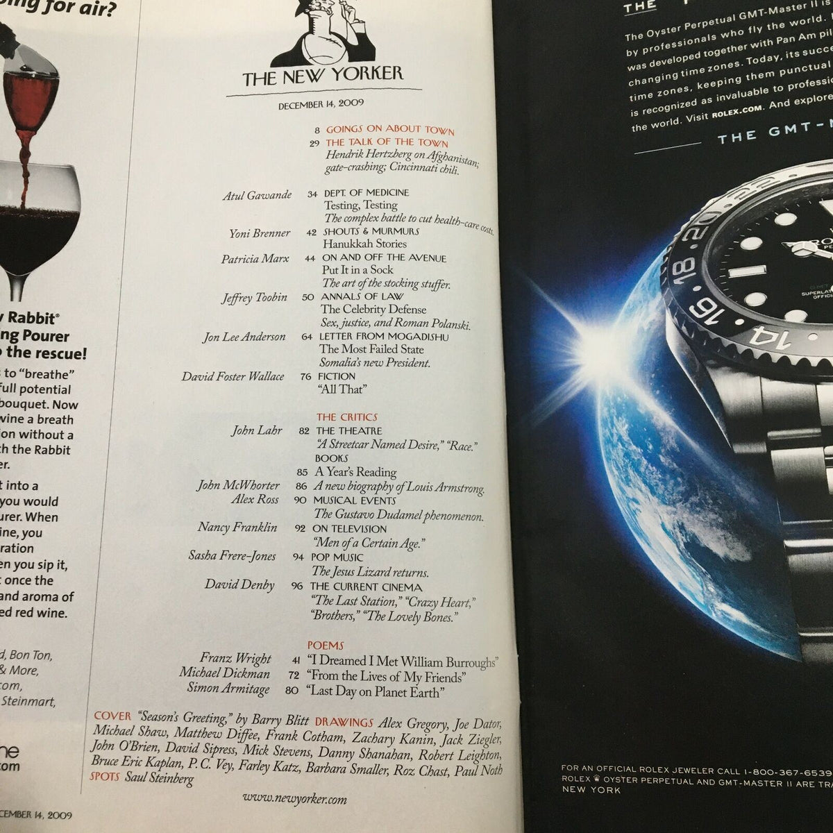 Interior page from The New Yorker Full Magazine December 14 2009, showcasing content listings and features, including articles, reviews, and poems, emphasizing quality journalism and political commentary.