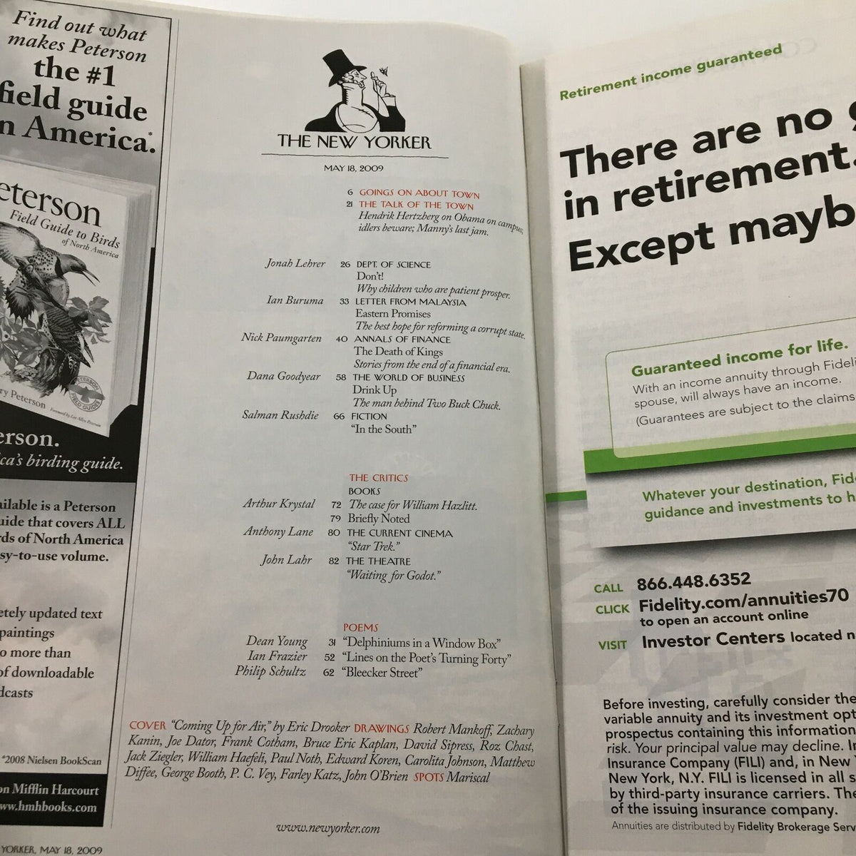Inside page of The New Yorker Full Magazine May 18, 2009, displaying table of contents and articles, including features and critiques from that issue.
