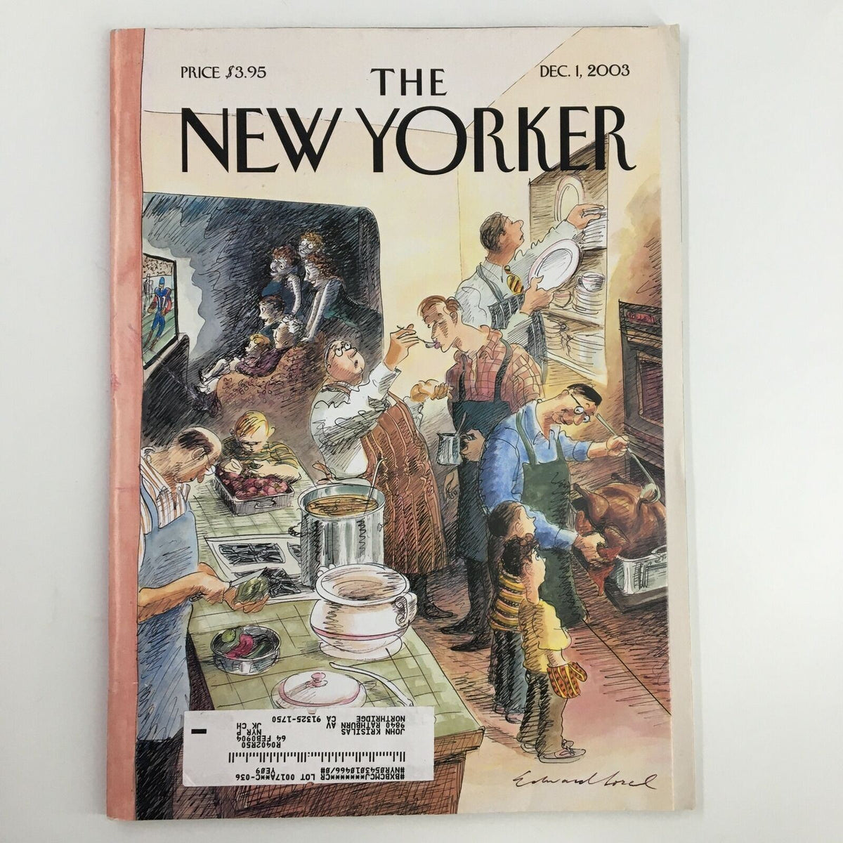 Cover of The New Yorker full magazine December 2003 titled 'Reverse Play' by Edward Sorel, featuring an illustrated kitchen scene with chefs and diners.