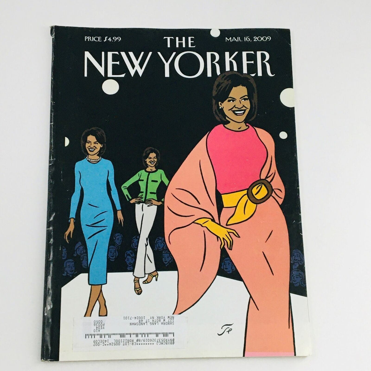 Cover of The New Yorker March 16, 2009, featuring vibrant illustrations by Jean-Claude Floc’h, showcasing three fashionable women on a runway, encapsulating a theme of style.