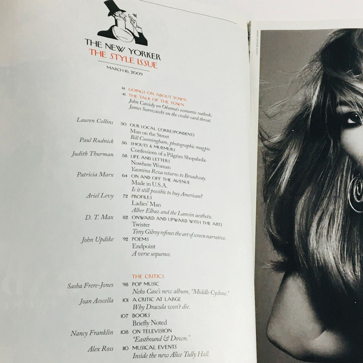 Interior page of The New Yorker March 16, 2009, displaying the table of contents detailing various articles and contributors for the issue, emphasizing the magazine's focus on style.