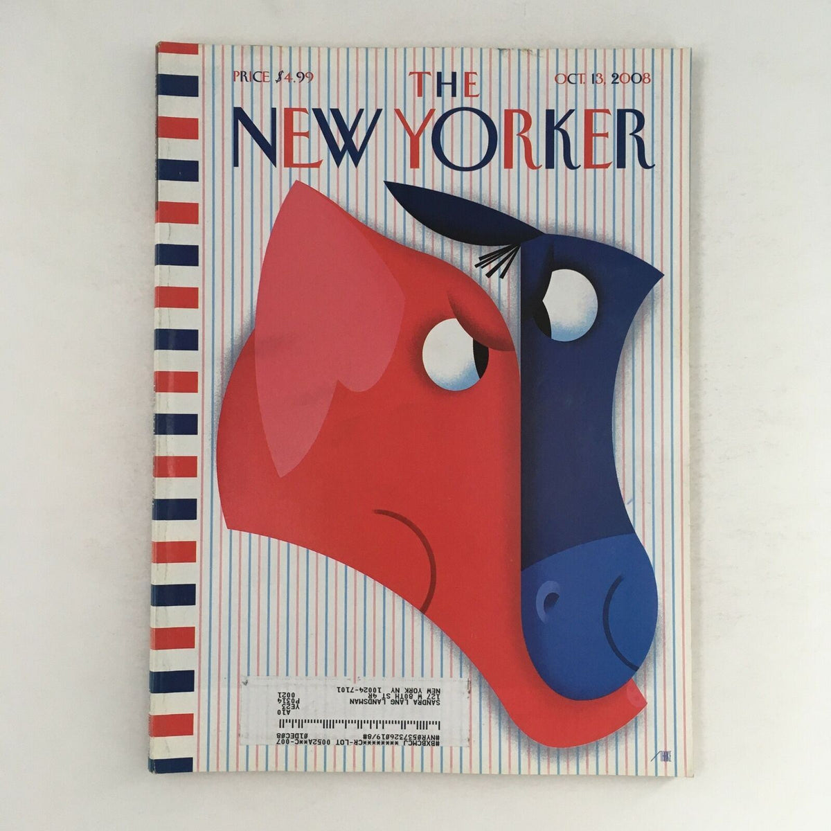 The New Yorker Full Magazine December 13 2008 featuring Red vs Blue cover art by Bob Staake, showcasing vibrant illustrations reflecting the political climate of 2008.