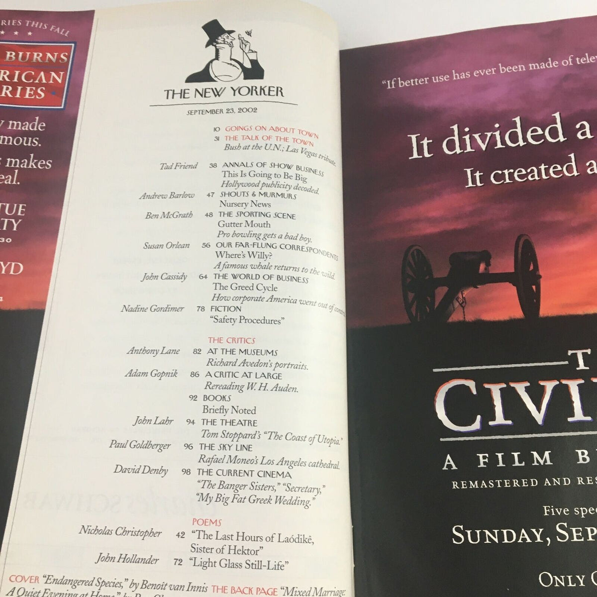 Inside page of The New Yorker Magazine from September 23, 2002, showcasing the table of contents and various articles featured in the issue.