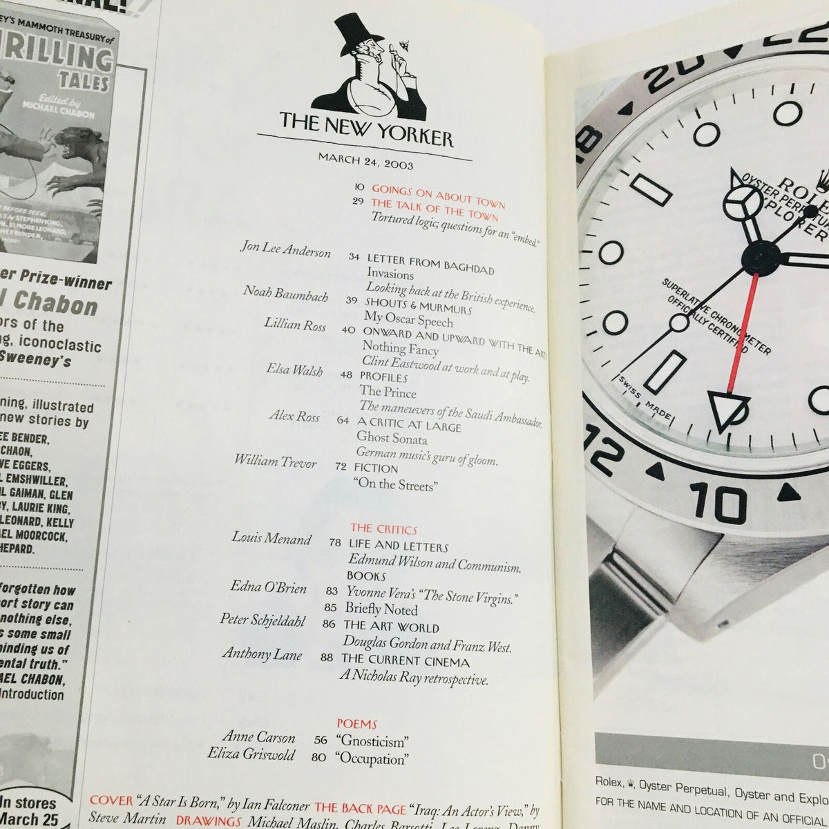 Inside view of The New Yorker March 24 2003 magazine showing the contents page, with listings for articles and notable contributors.