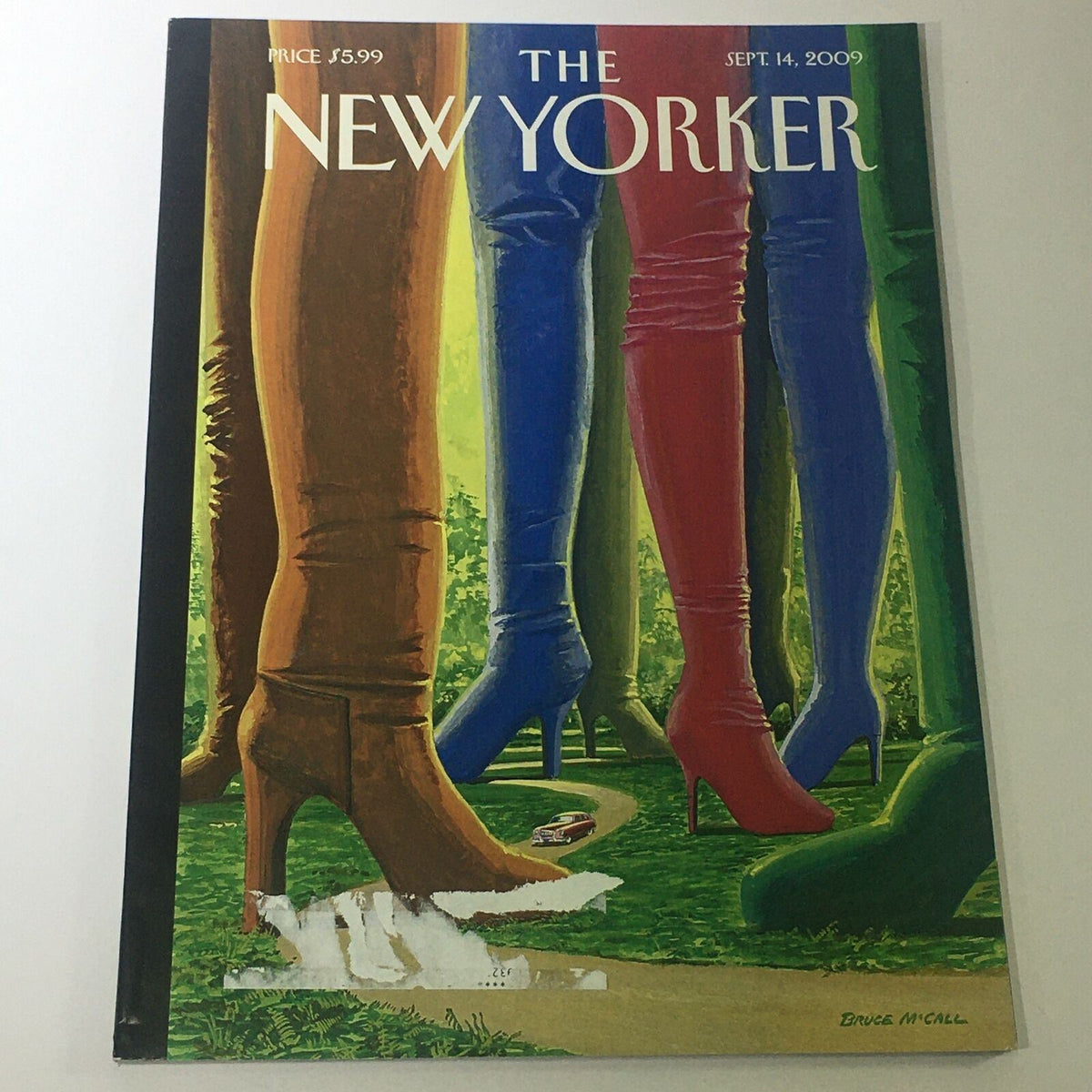 Cover of The New Yorker magazine from September 14, 2009, featuring artwork by Bruce McCall, showcasing colorful high-heeled boots against a scenic backdrop.