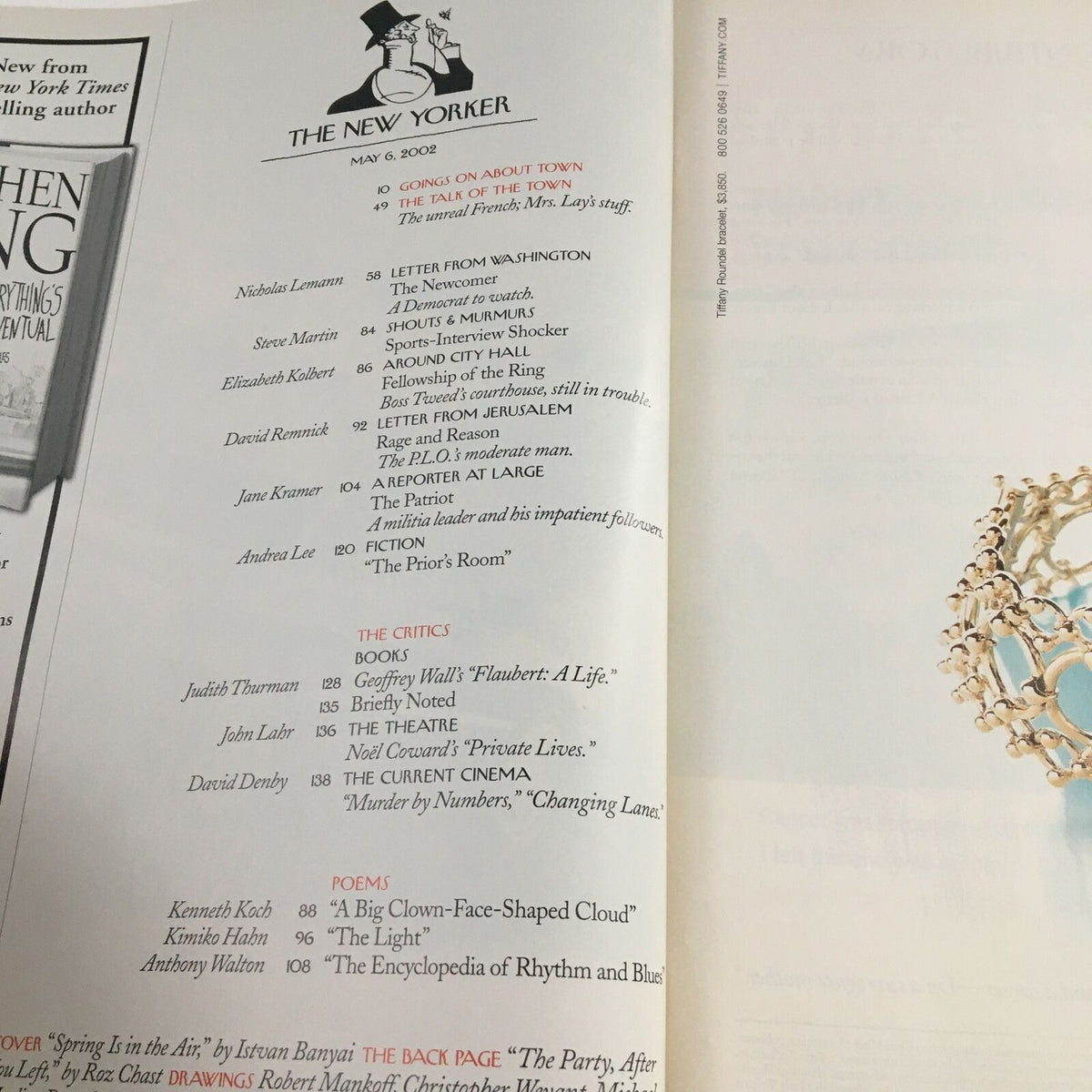 Interior page of The New Yorker magazine, May 6, 2002, displaying the table of contents and featured articles from the issue "Spring is in the Air" by Istvan Banyai. The layout includes sections on books, films, and poems, highlighting the diverse range of content available in this classic edition.