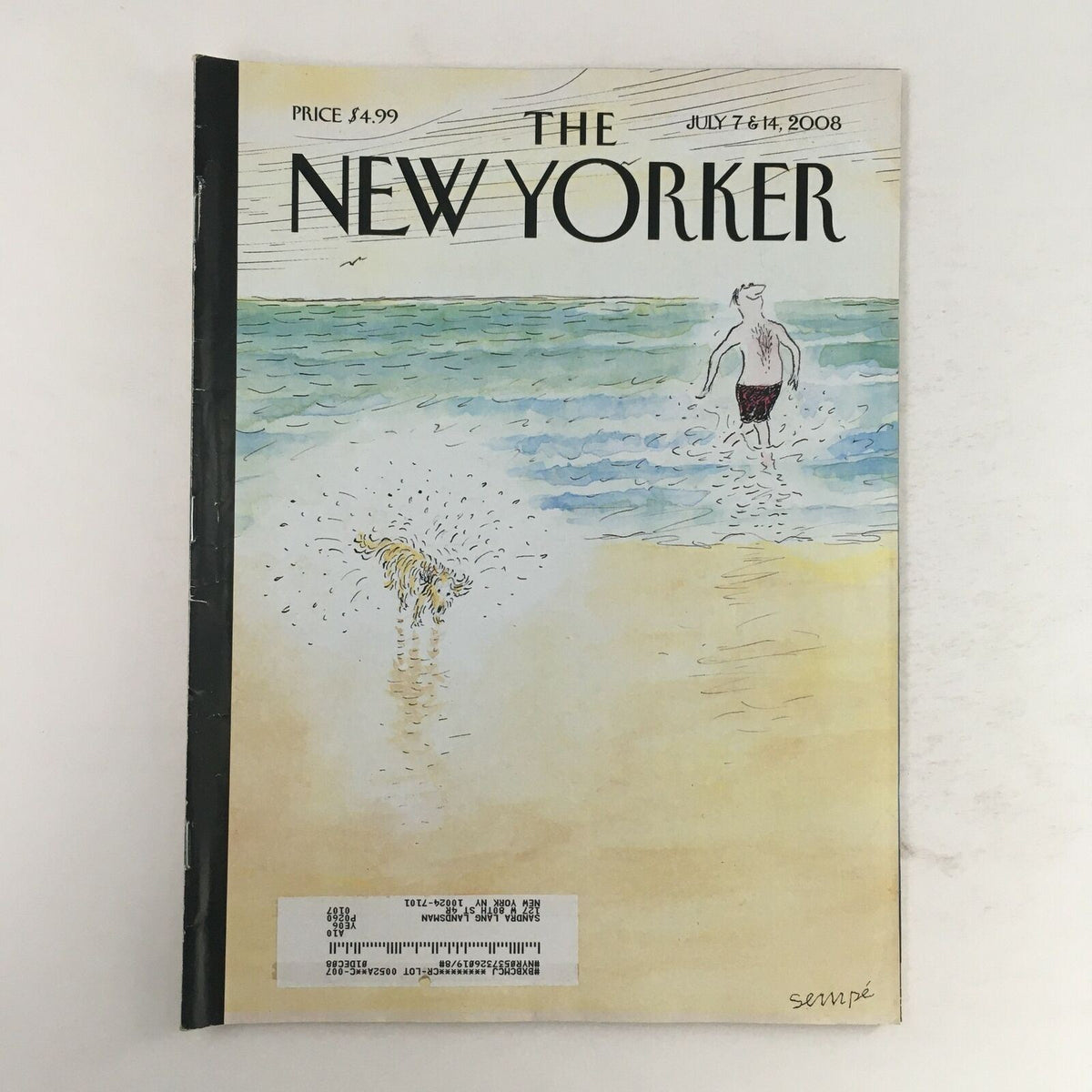 The New Yorker Full Magazine July 7 2008 showcasing the cover illustration "Beach Time" by Jean-Jacques Sempé, featuring a whimsical beach scene with a child and a dog.