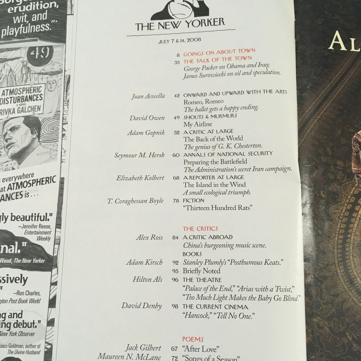 The New Yorker Full Magazine July 7 2008 table of contents page, detailing articles and features including "Going On About Town" and reviews, emphasizing its literary richness.