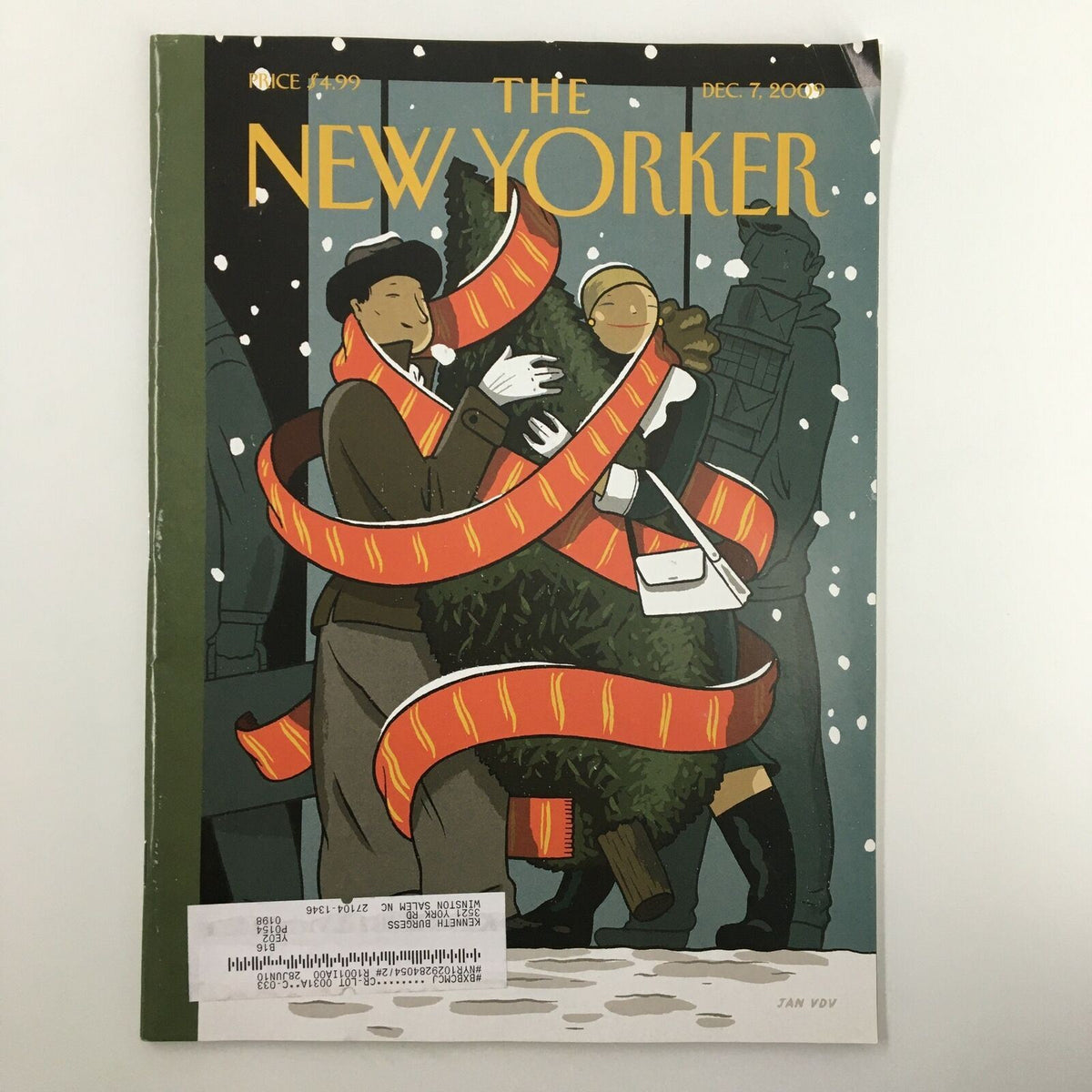 The New Yorker Full Magazine December 7 2009 cover featuring 'Holiday Cheers' by Jan Van Der Veken, depicting a festive winter scene with characters wrapped in scarves and carrying a Christmas tree.