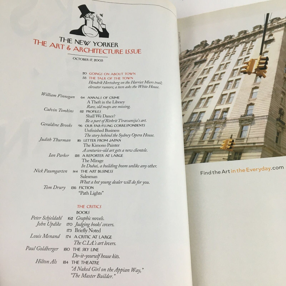 Interior page from The New Yorker Magazine October 17 2005 showcasing the Art & Architecture section with a list of articles, including commentary on the Harriet Miers Trail and other cultural critiques.