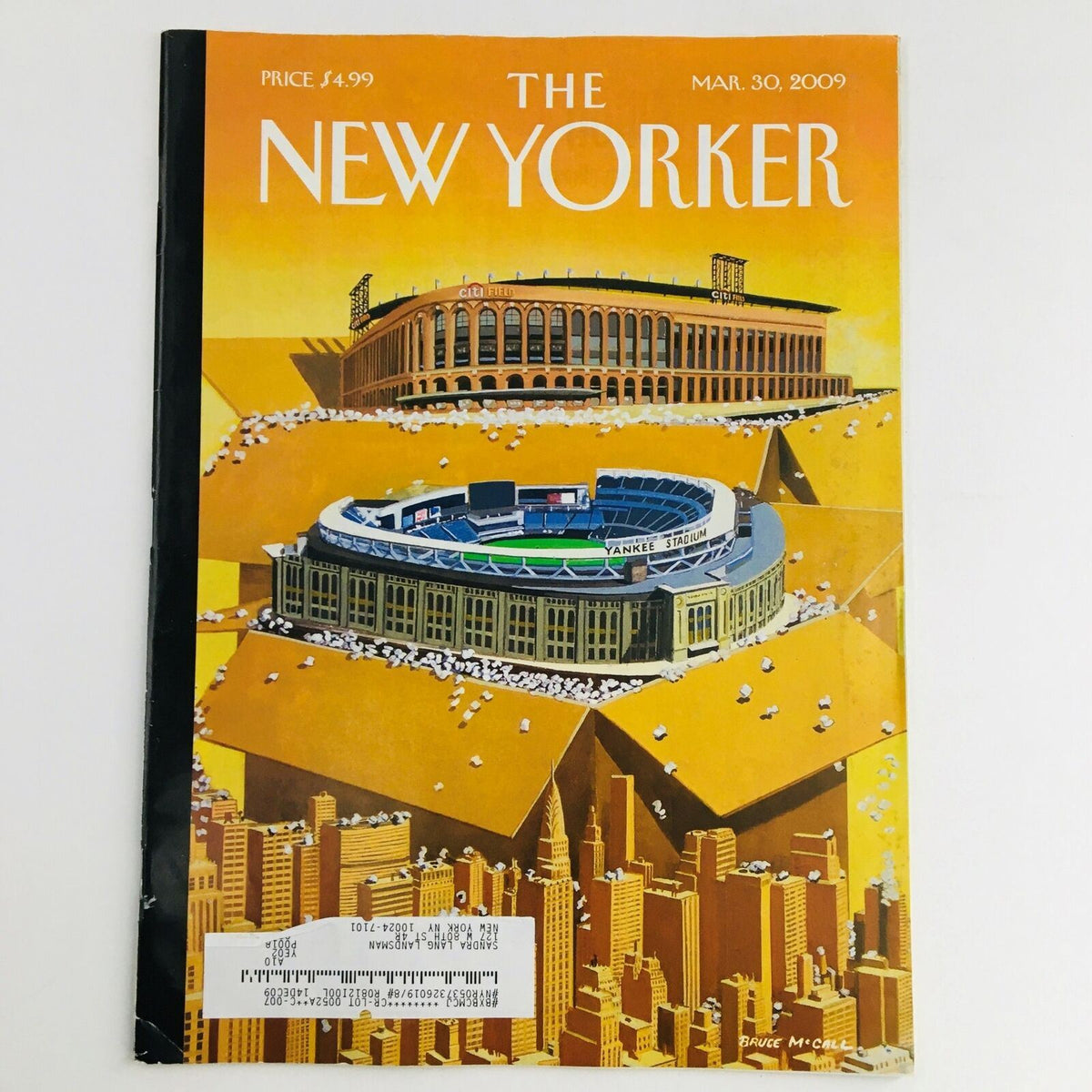 The New Yorker March 30 2009 Full Magazine Theme Cover by Bruce McCall featuring a vibrant illustration of iconic New York City landmarks including Yankee Stadium.