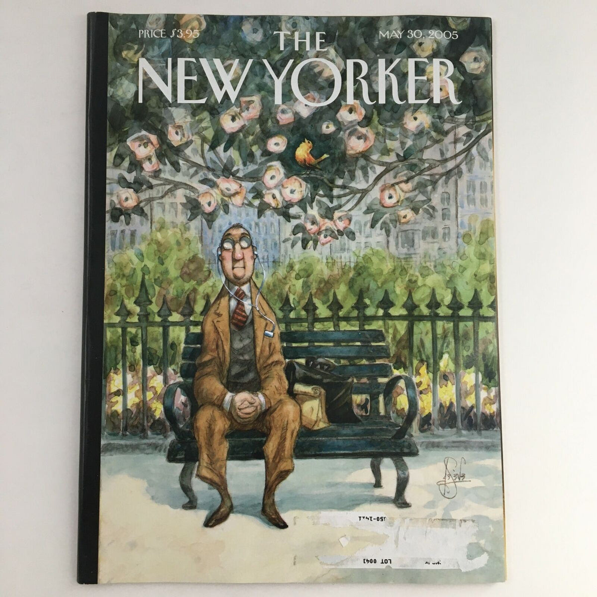 Cover of The New Yorker magazine dated May 30, 2005, featuring the illustration "The Song of Spring" by Peter de Sève, showcasing a man sitting on a park bench surrounded by cherry blossoms in a vibrant spring setting.