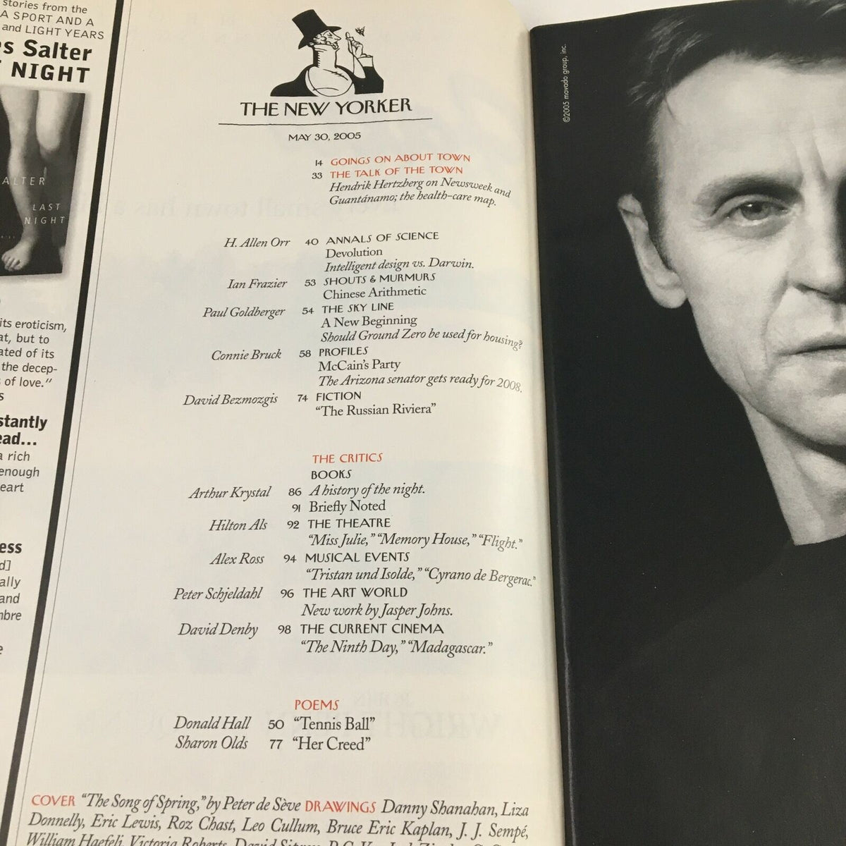 Interior page of The New Yorker magazine from May 30, 2005, featuring the table of contents and articles including 'The Song of Spring' by Peter de Sève, showcasing various contributors and topics in this issue.