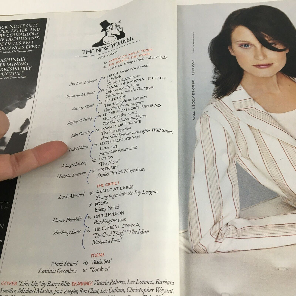 Interior page of The New Yorker Full Magazine from April 7, 2003 featuring a lineup of articles and illustrations by Harry Bliss. The page showcases notable contributors and highlights from the magazine's content, capturing the essence of early 2000s journalism.