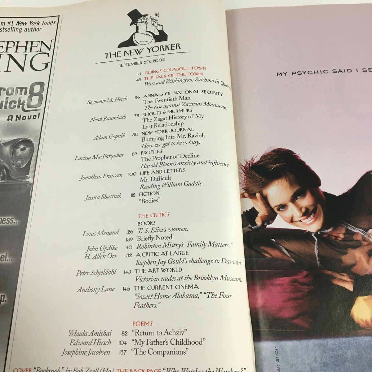 Interior pages of The New Yorker magazine, September 30, 2002, showing the table of contents and featured articles including 'My Psychic Said I See You,' reflecting the magazine's literary and cultural commentary.